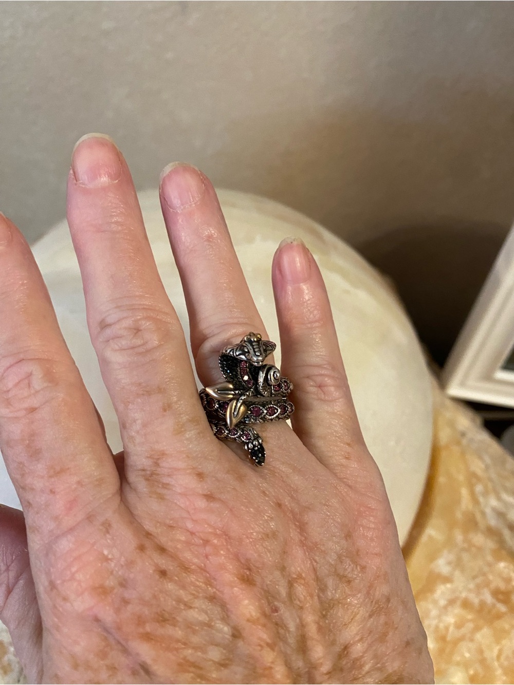 Sterling Silver Snake Wrap Ring with Red and Black Gem Accents